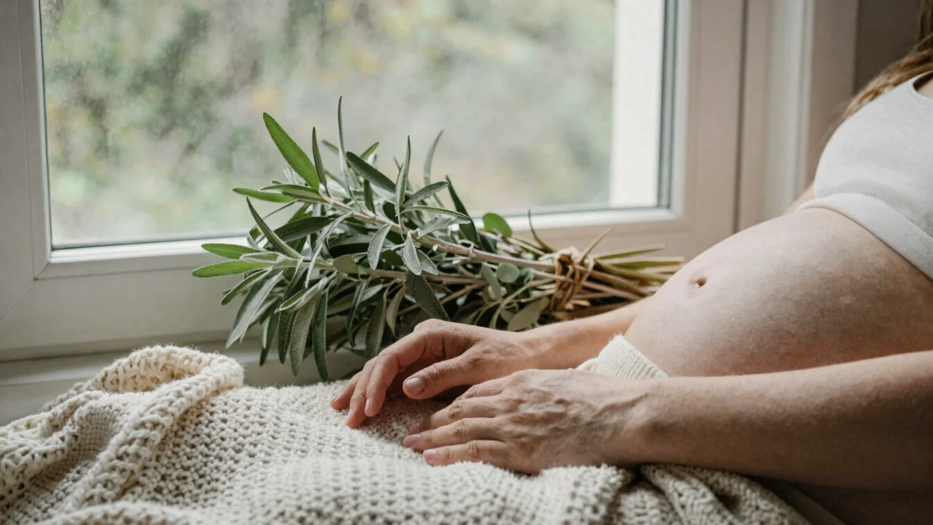 Soft window-lit photograph of a pregnant person's hands resting o