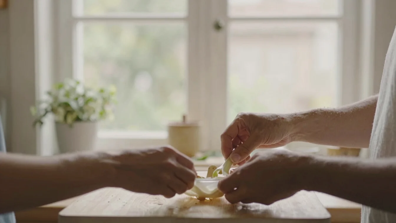 Candid close view of two pairs of hands preparing a simple meal i