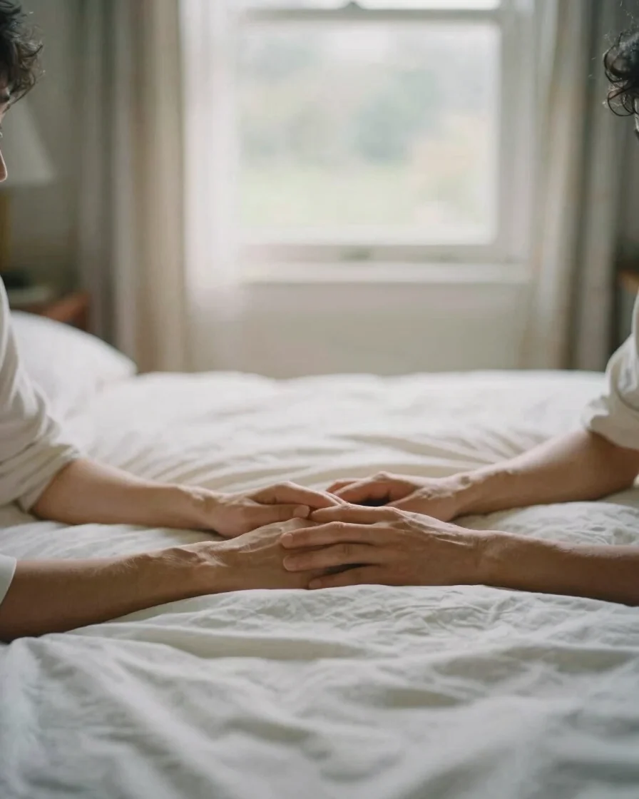Natural soft-focus photograph of a parent and partner sharing a quiet moment on a sunlit bed, hands touching, lived-in b