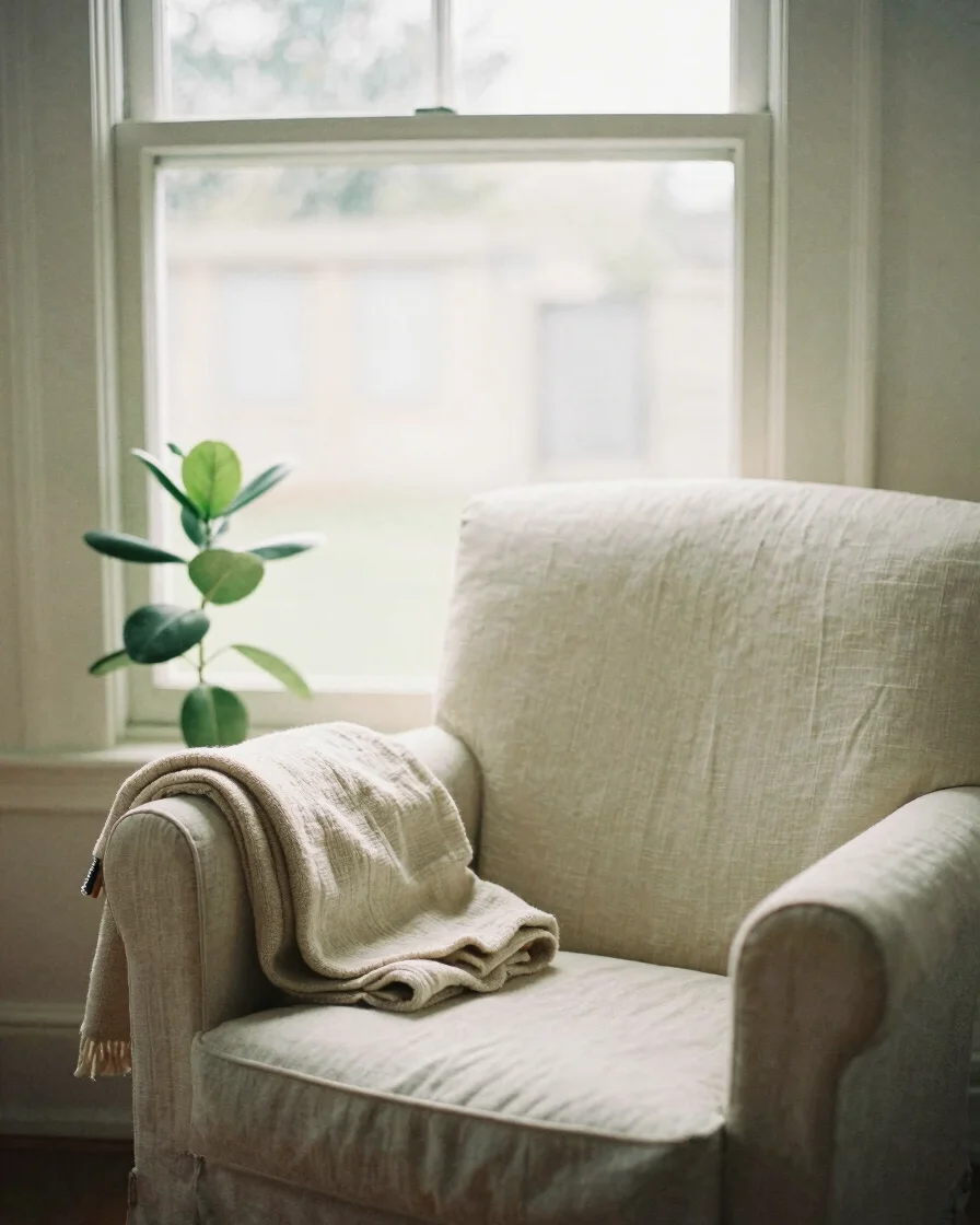 Soft window daylight on a quiet linen-covered armchair beside a f