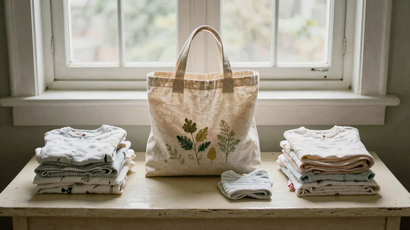 Natural photograph of a neatly arranged linen tote bag and folded