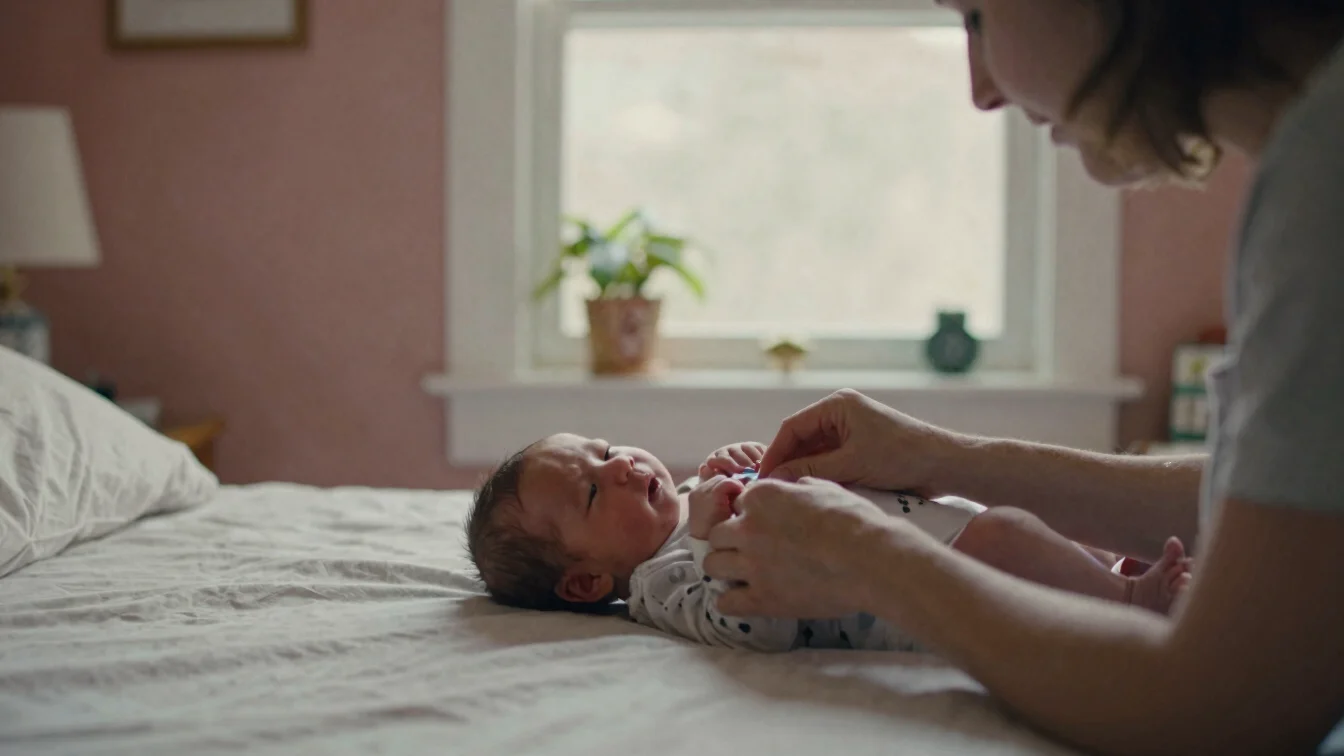 Candid photograph of a parent gently dressing a newborn in a live