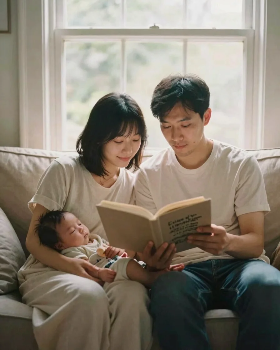 Natural photograph of two parents reading together on a sofa with