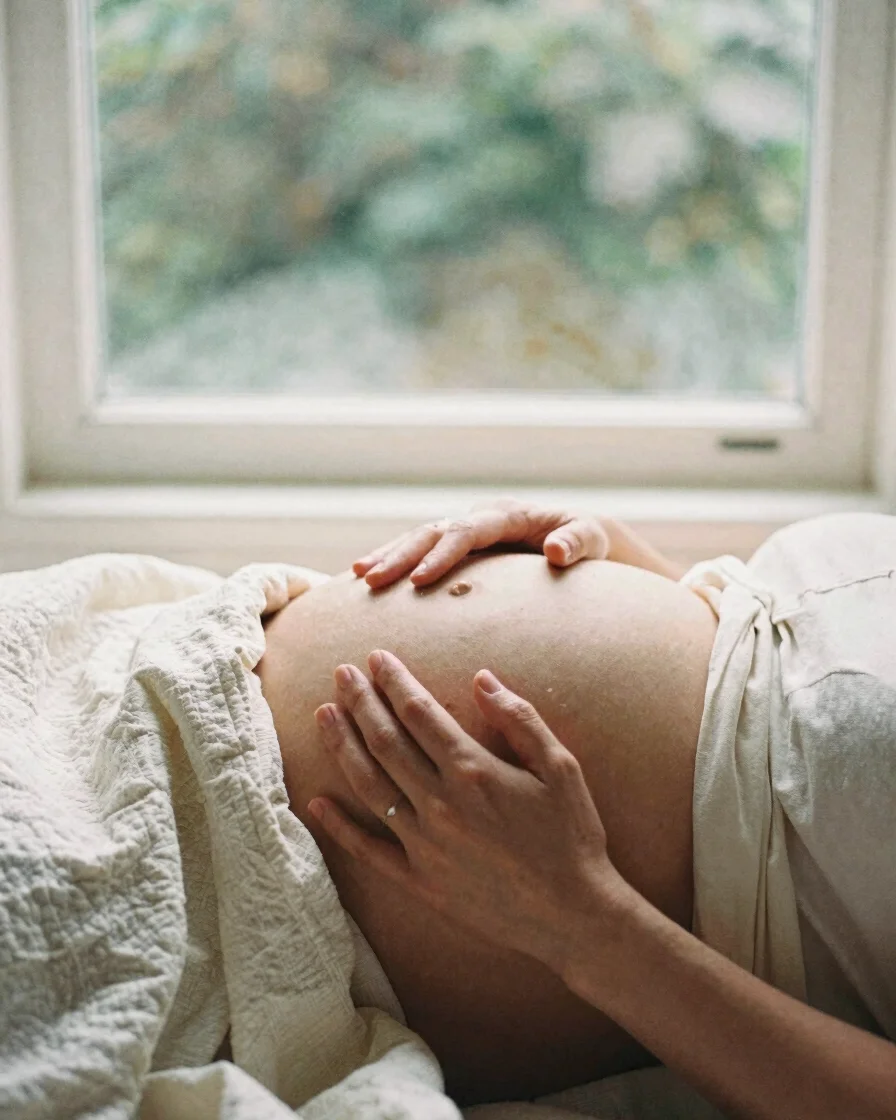 Natural editorial photograph of a pregnant woman's hands resting gently on her belly beside a cream linen blanket, soft