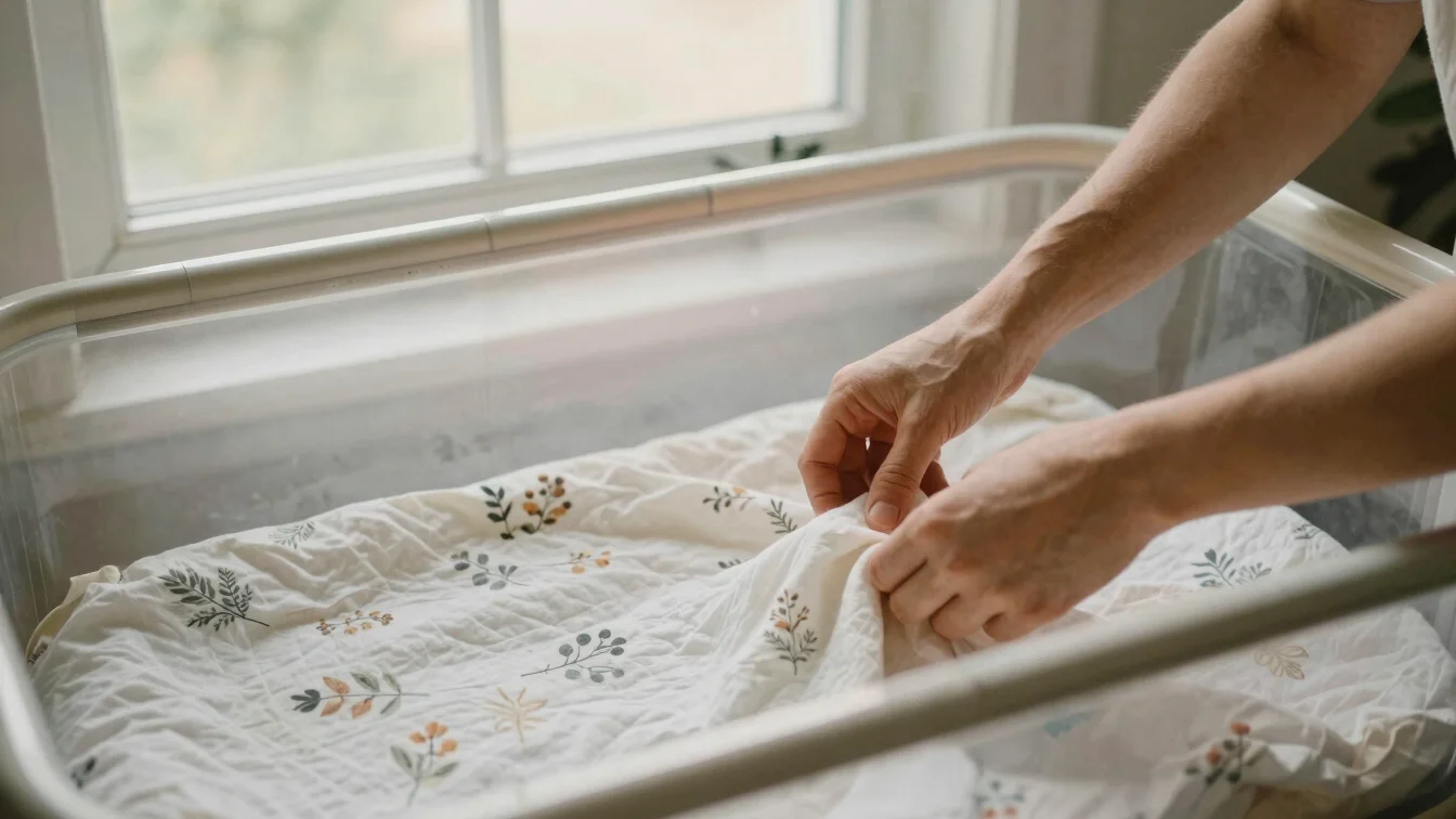 Natural editorial photograph of a parent's hands gently preparing