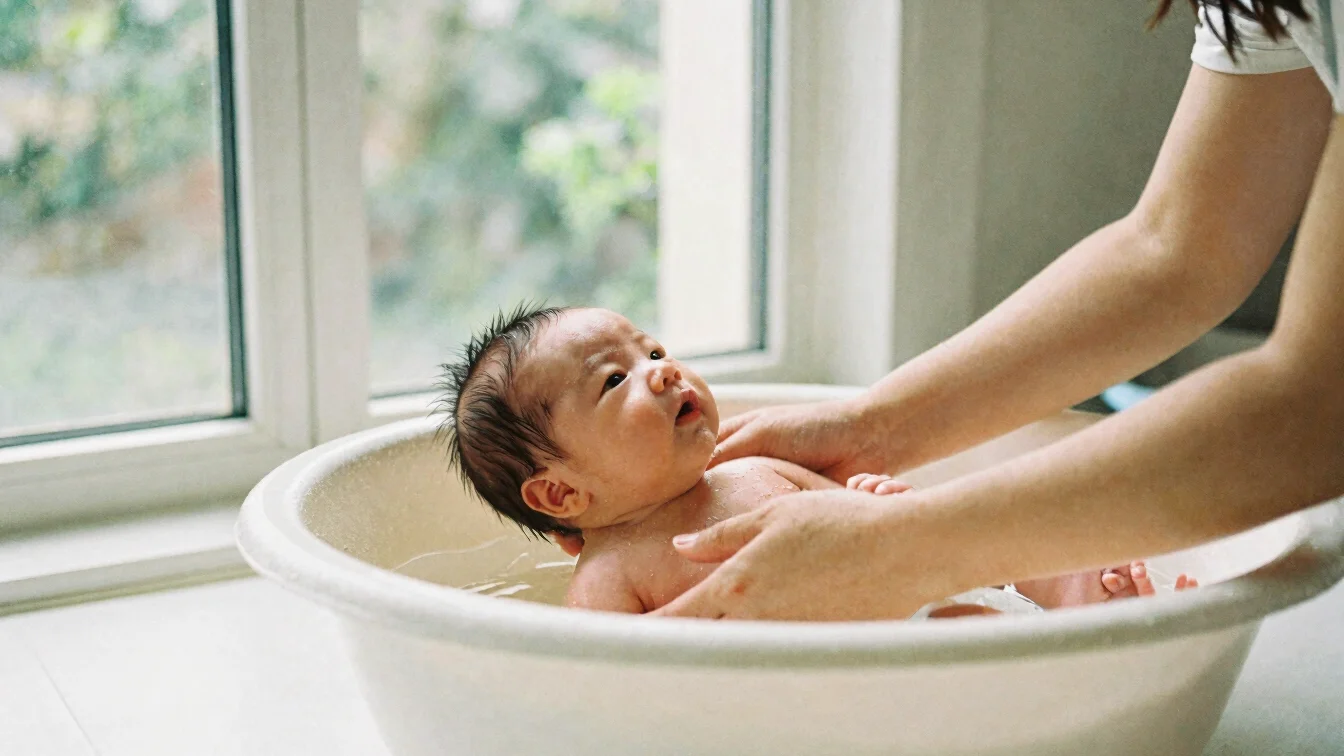 Natural editorial photograph of a parent gently bathing a newborn