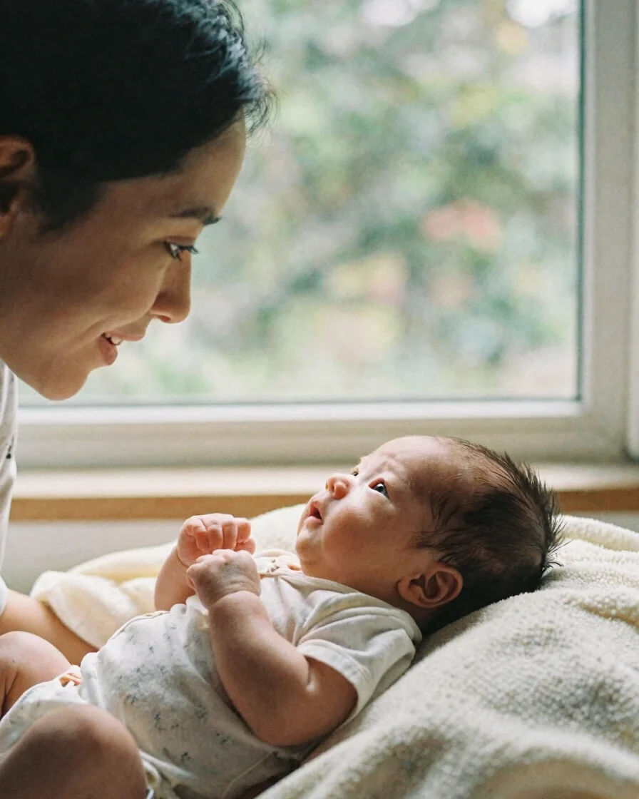 Natural editorial photograph of a parent's face softly watching a newborn look up at them from a cream blanket, soft win
