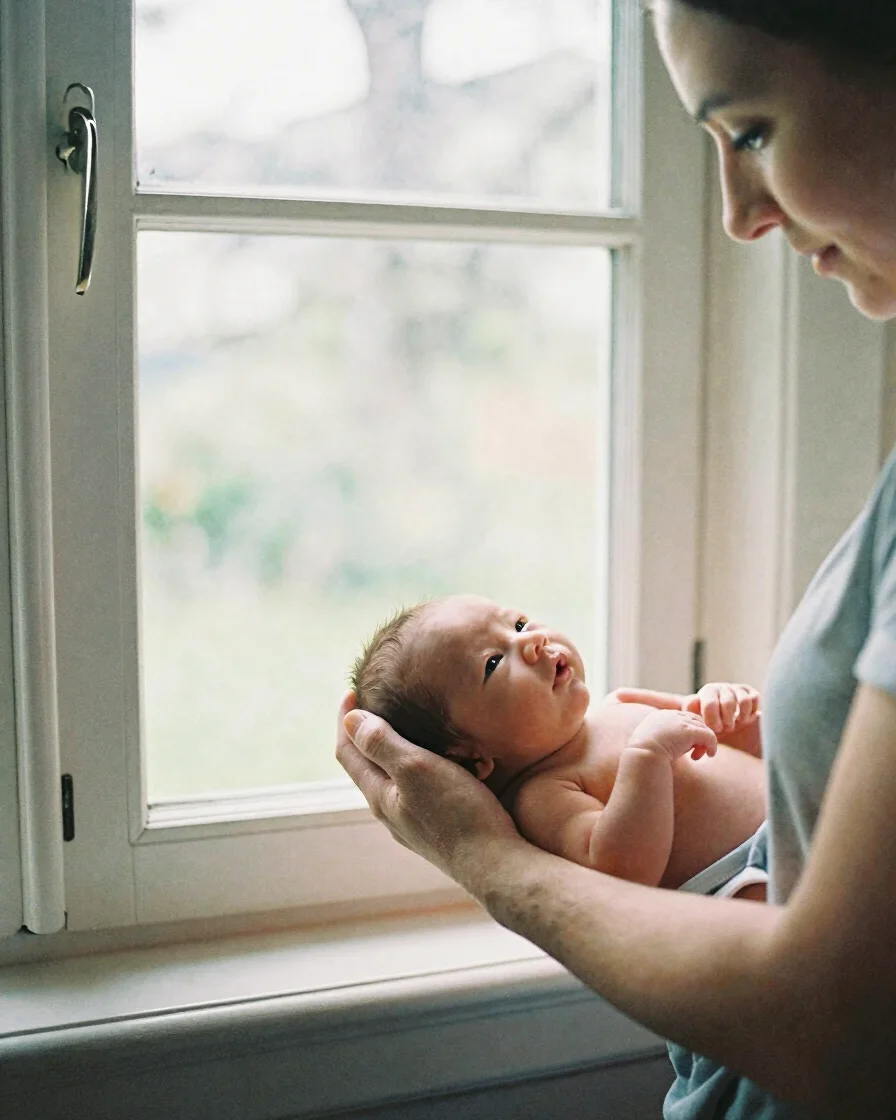 Natural editorial photograph of a calm parent holding a newborn's